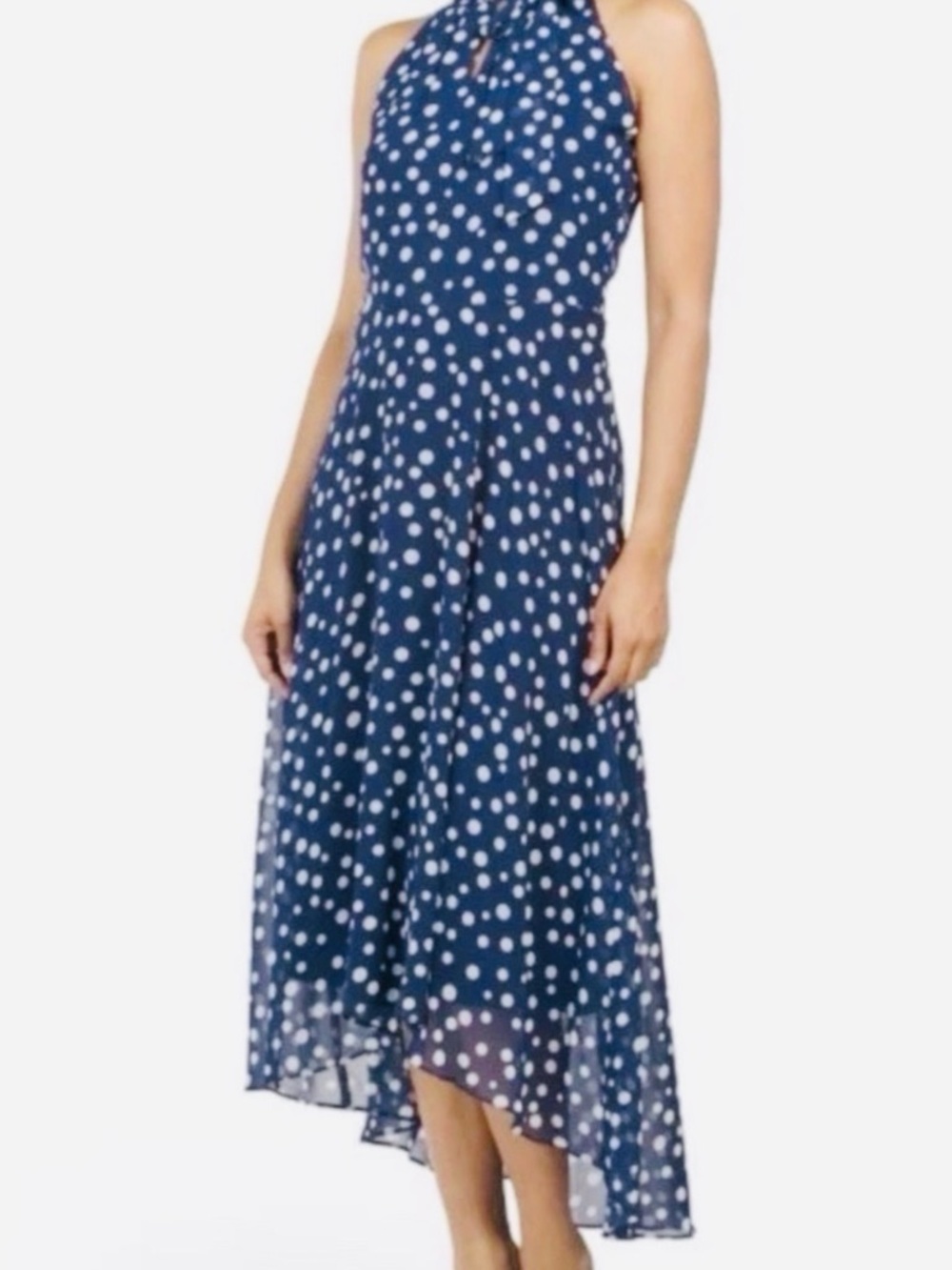 Tahari Navy Blue and White Polka Dot Sleeveless Halter Maxi Dress, High-Low, 8 - Picture 2 of 12